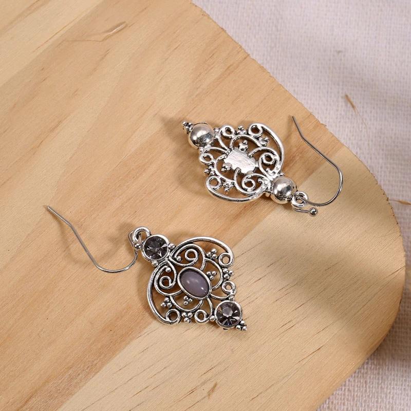 Silver Plated Dangle Earrings with Retro Hollow Flower Design and Waterish Gemstone Inlay - Perfect for Daily Wear and Party Dec