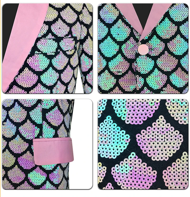 Pink Fish Scale Sequins Glitter Velvet Blazer Men Slim Fit One Button Shiny Suit Jacket Mens Wedding Party Dinner Costume Homme