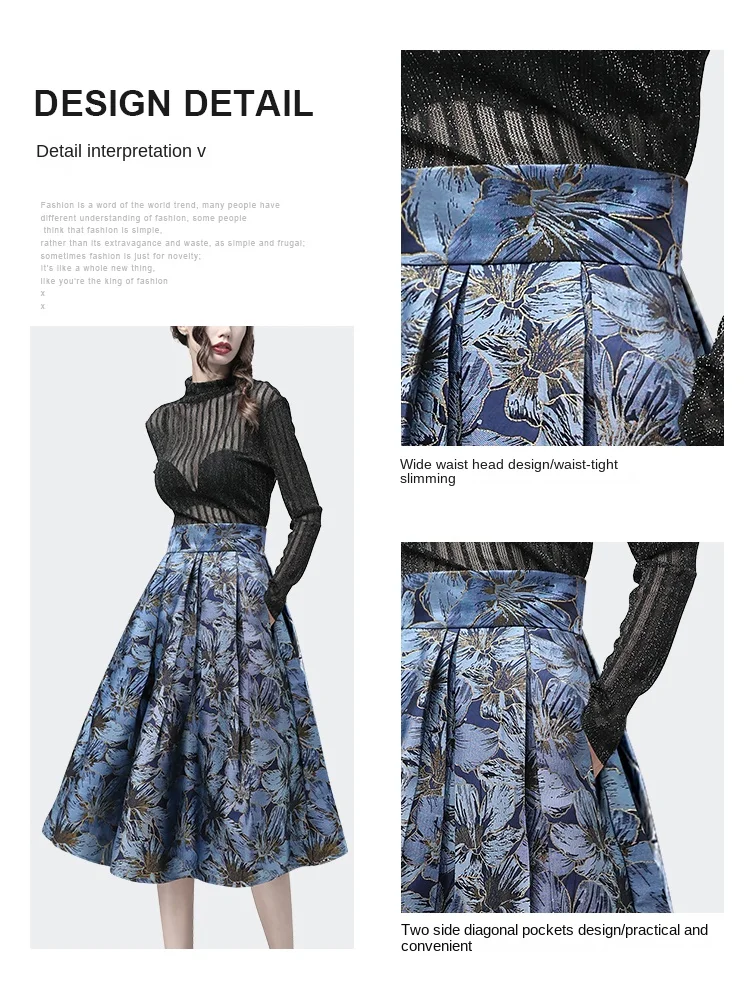 Pleated Blue Jacquard Skirt Women High Waist A-Line Midi Skirts 2021 Autumn New Vintage Elegant Plus Size Female Casual Bottoms