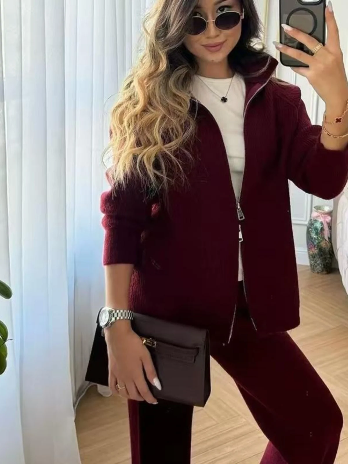 

Вязаный свитер на молнии, комплект брюк, длинный све, модный комплект женской одежды из двух предметов, осенний сезон, длинные брюки