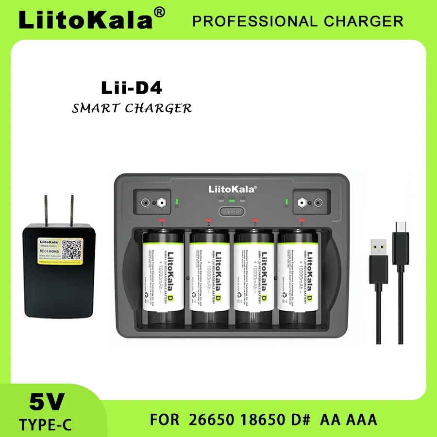 LiitoKala Lii-D4 9V 26650 18650 21700 18500 26700 16340 22650 AA AAA C SC D 3.7V 1.2V Lithium NiMH Smart Battery Charger