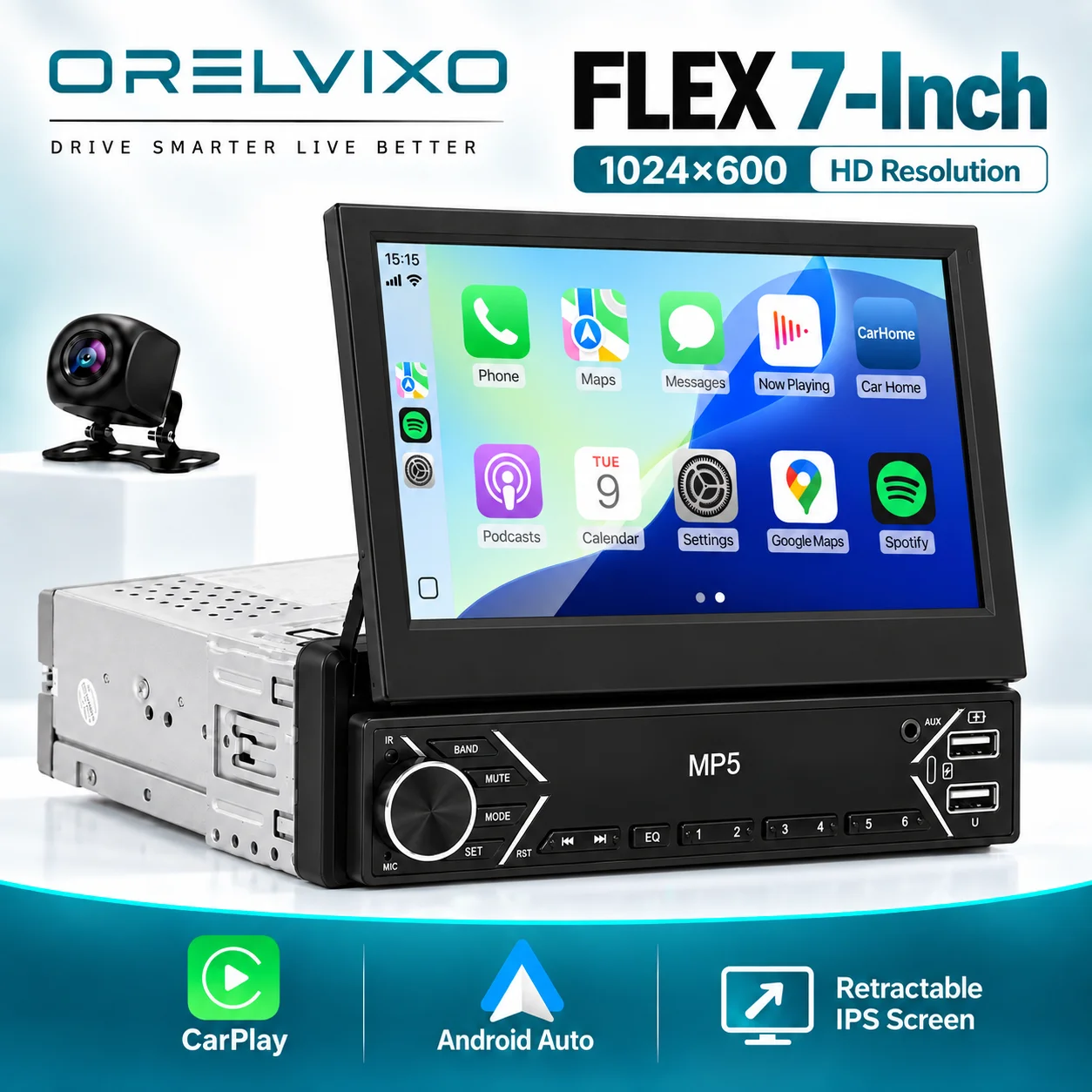 Car Radio Single DIN 7-Inch MP5 Player with CarPlay Android Auto, Retractable Touchscreen, FM, Mirror Link, Universal Head Unit