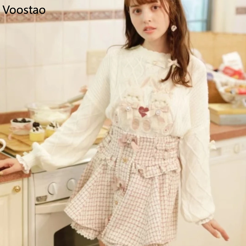 Vintage Sweet Lolita Style Knitted Pullover Girls Cute Plush Cartoon Bunny Embroidery Bow Sweater Women Harajuku Knitwear Tops