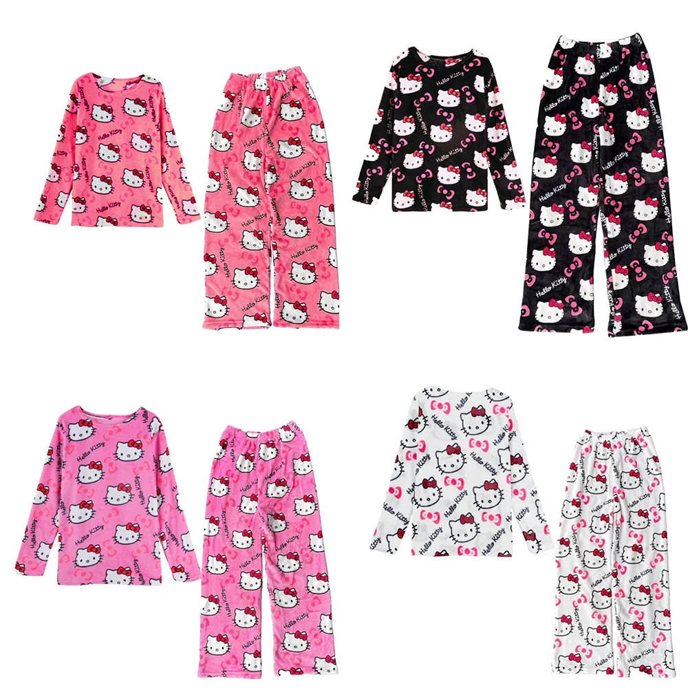 

Miniso Sanrio Hello Kitty Kawaii Loungewear Set Loose Flannel Ladies Pajama Pants GirlAutumn Women Casual Cute Home Clothing