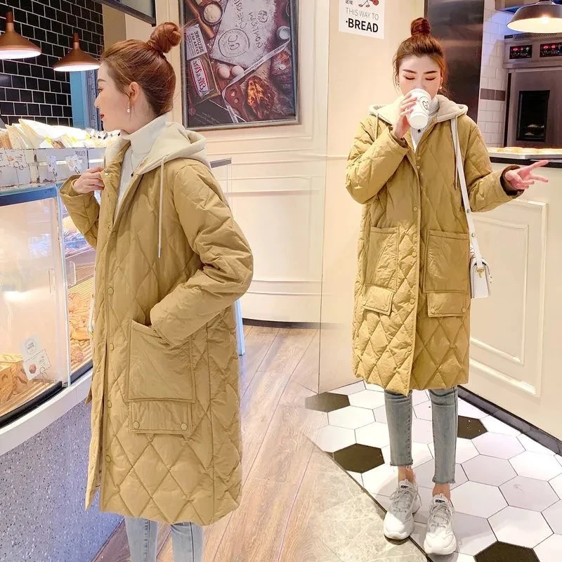 2024 Winter New Women\'s Clearance Plus Size Coat Long Female Diamond Lattice Loose Jacket Casual Fashion Hooded Cotton Overcoat