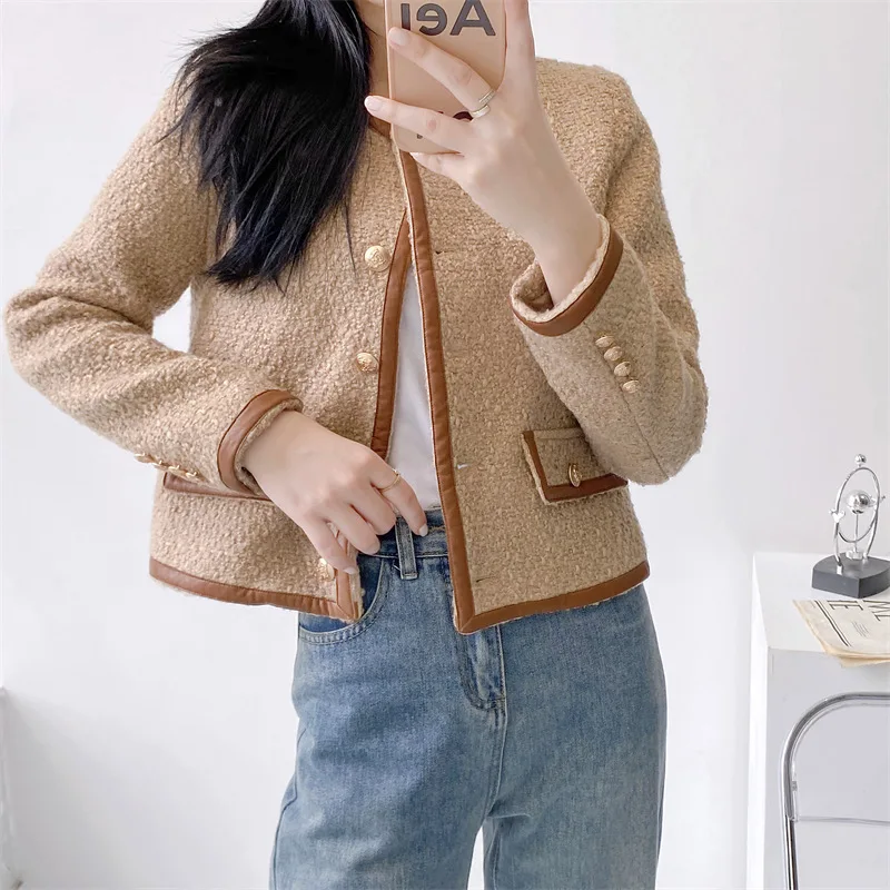 

Long Sleeve Casaco Weave Woolen Coat Female Abrigos Short Single Breasted Autumn Tweed Vintage Elegant Wool Jackets Women Tops