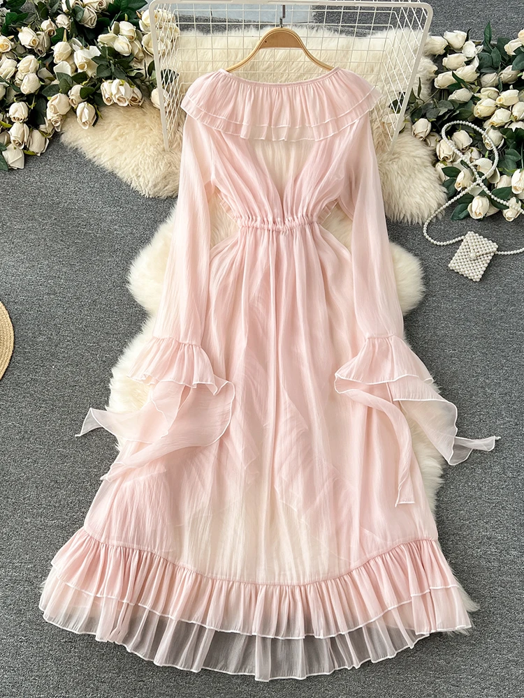 EWQ Ruffles Chiffon Flare Long Sleeve High Waist A-line Vestidos Sweet Style Chic Women\'s Dress Winter Spring 2024 New 27SN5399