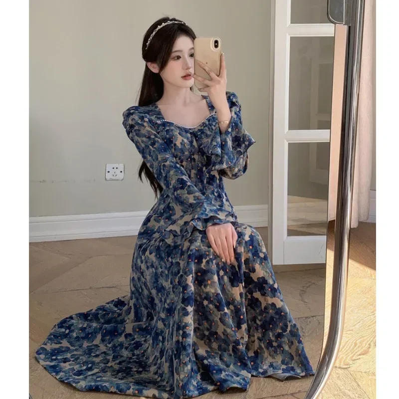 Gagarich 2024 Fashion French Retro Draped Floral Dress Women Spring Autumn Slim A-line Long Sleeve Vintage Lady Vestidos