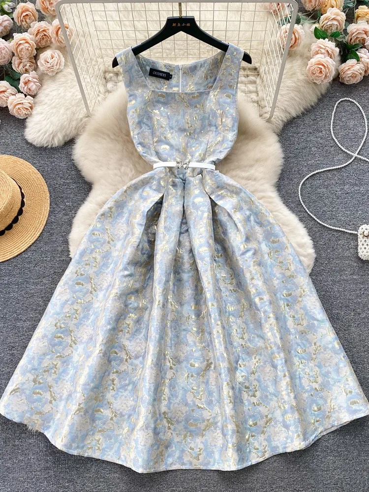 

New 2024 Summer Women Vintage Gilded Jacquard Casual Dress Elegant Party Dresses Woman Sleeveless Belt Slim Lady Holiday Dress