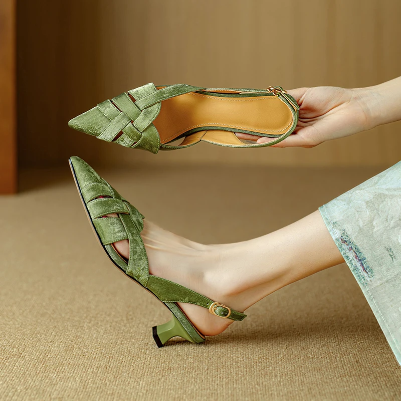 

Genuine Leather Cowhide Women's Heels Sandals,Narrow Band Cross Strap Pointed Toe Summer High Heels,Slingback Women Shoes