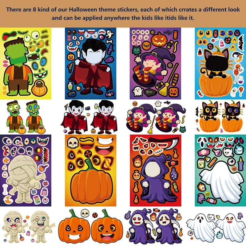 8p/16pcs Halloween Themed Pumpkin Ghost Puzzle Sticker Toy Gift Halloween Decoration Favor Sticker Gift For Kid Gift Bag Fillers