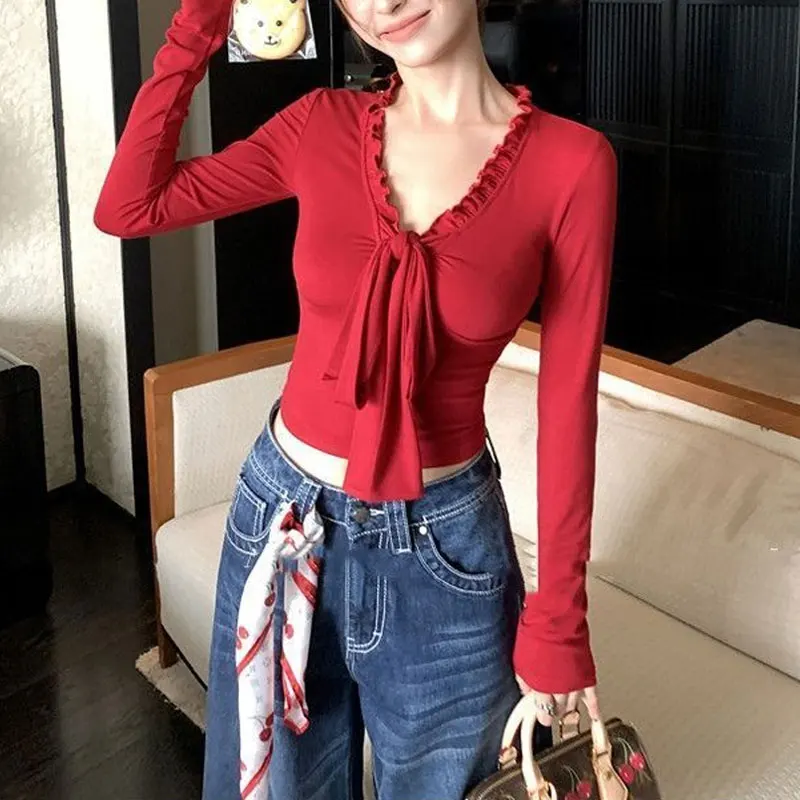 Fashionable V-Neck Drawstring Bow Pullovers Female Clothing Solid Color Autumn Long Sleeve Slim Casual Folds Spliced T-shirts