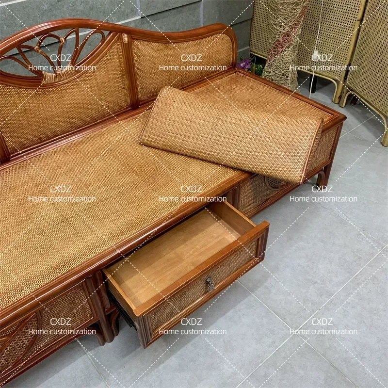 New Chinese Style Natural Rattan Recliner Sofa Three Seater Couch for Small Apartment Living Room Furniture