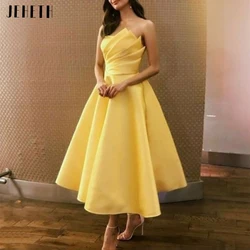 JEHETH Elegant Yellow Short  Strapless Prom Dresses 2023 A-Line Tea Length Pleated Satin Party Evening Gowns With Pockets