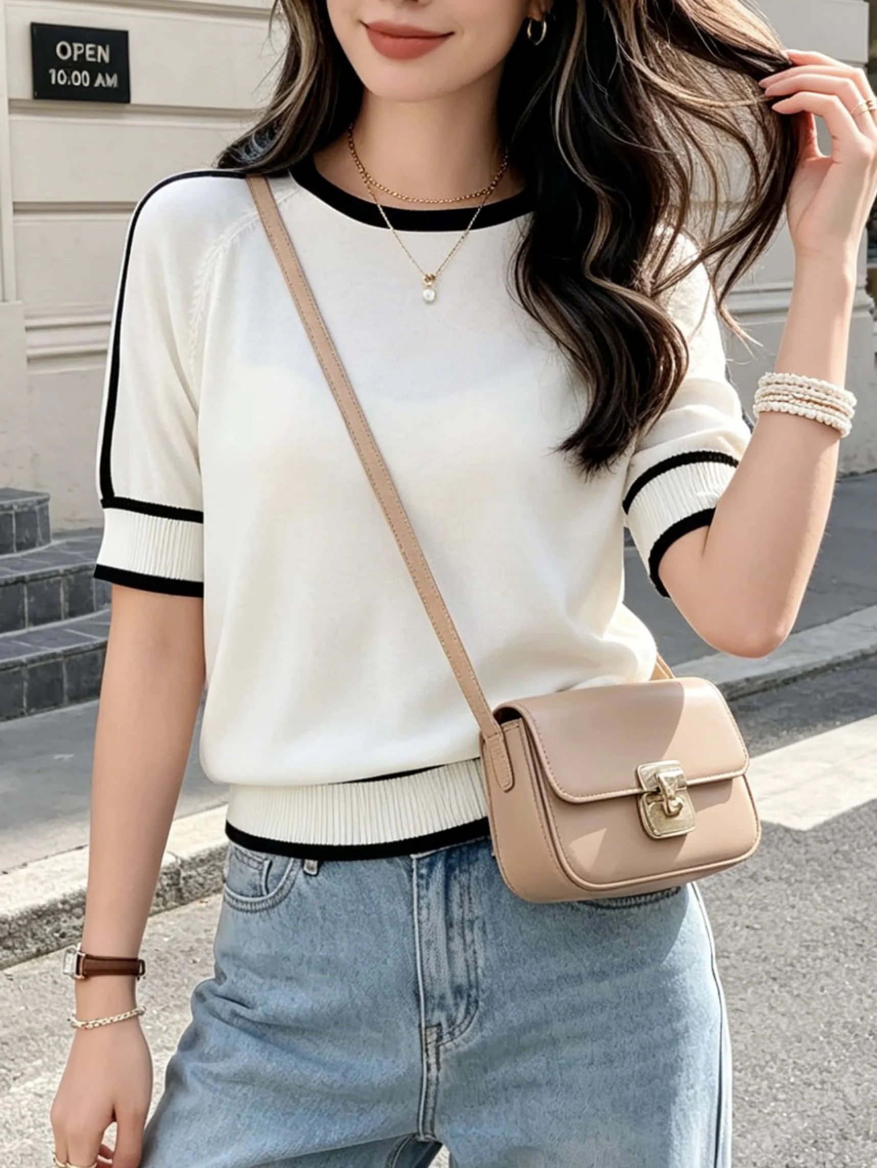 Women New Summer Thin Short Sleeve O Neck Patchwork Slimming Knitted Tops Casual Elegant Simple Pullover T-shirt