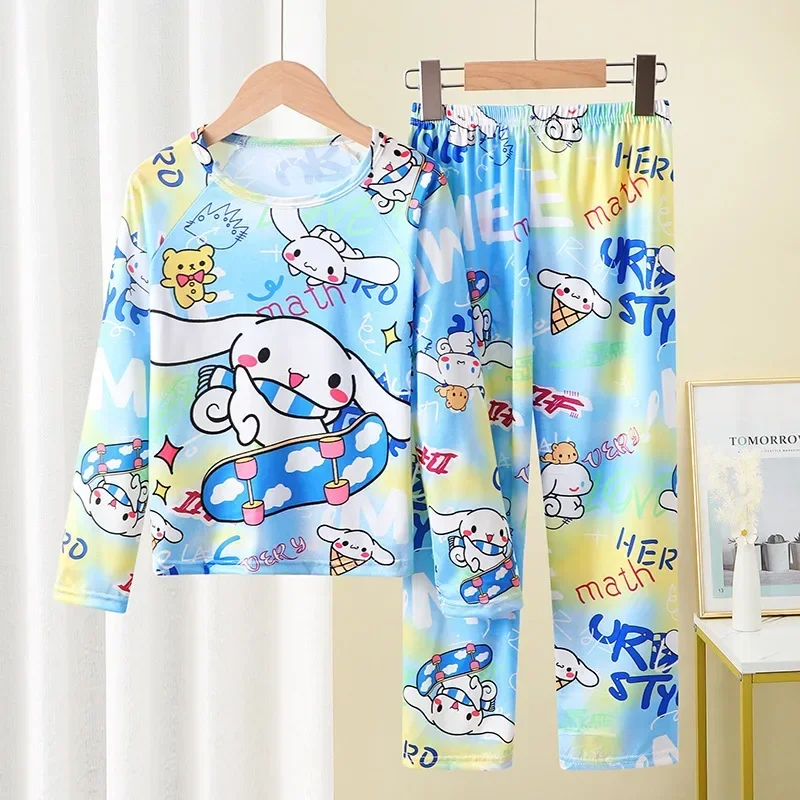 Sanrios Cinnamoroll Children Pajama Sets Round Neck Soft Comfy Print Kids Nightclothes Set Loose Breathable Housewear Autumn