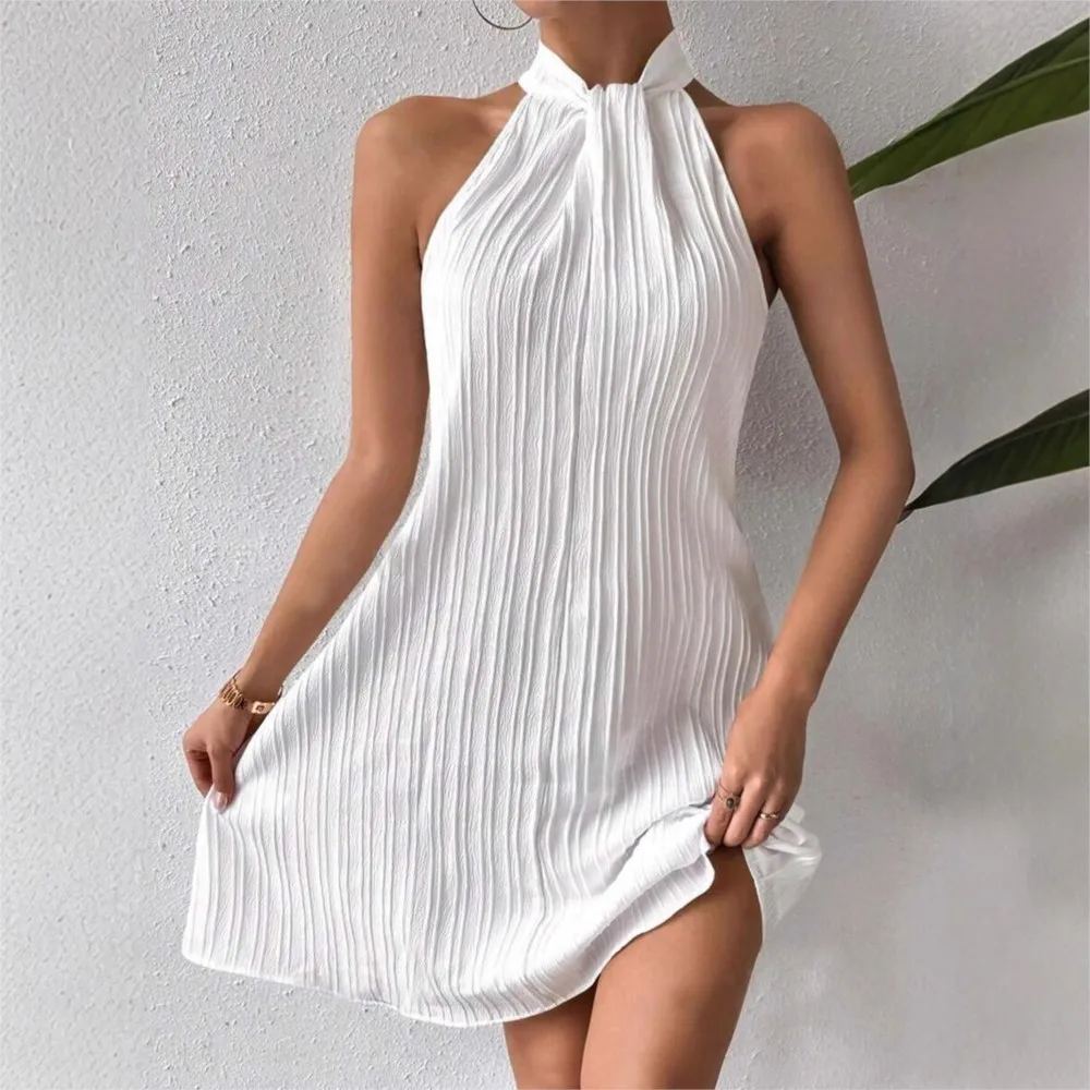 2026 Casual A-line Dress Dresses For Lady Vestidos Simple Style All-match Temperament Holiday Halter Neck Solid Color Sleeveless