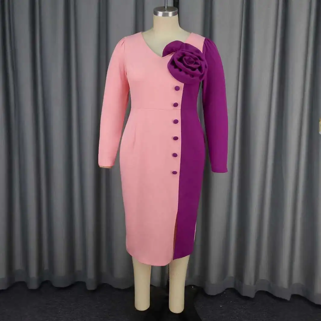 

AM041025 Personalized color blocking rose dress party banquet V-neck long sleeved mid length dress