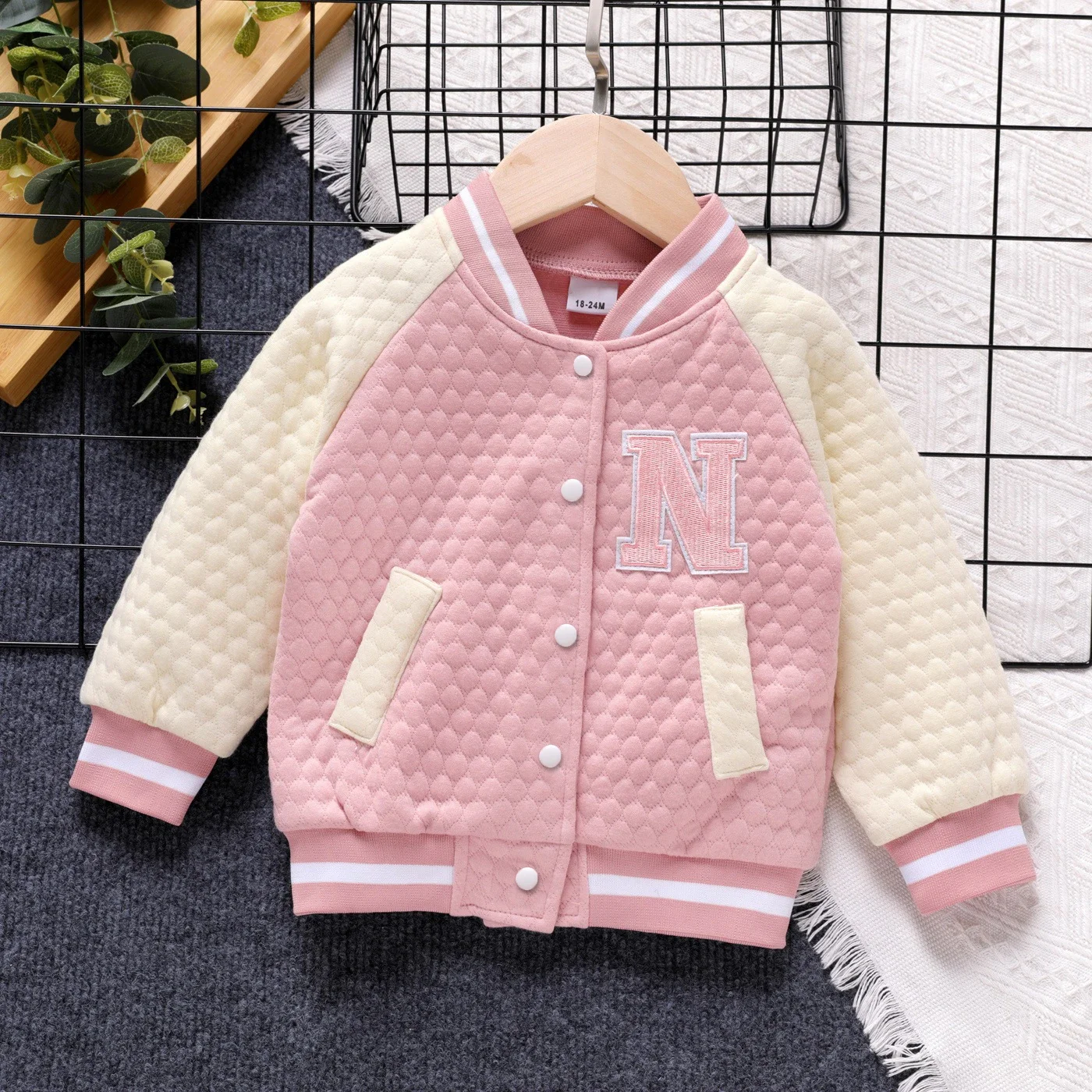 PatPat Toddler Girl 100% Cotton Letter Embroidered Textured Striped Button Design Bomber Jacket Soft and Comfortable