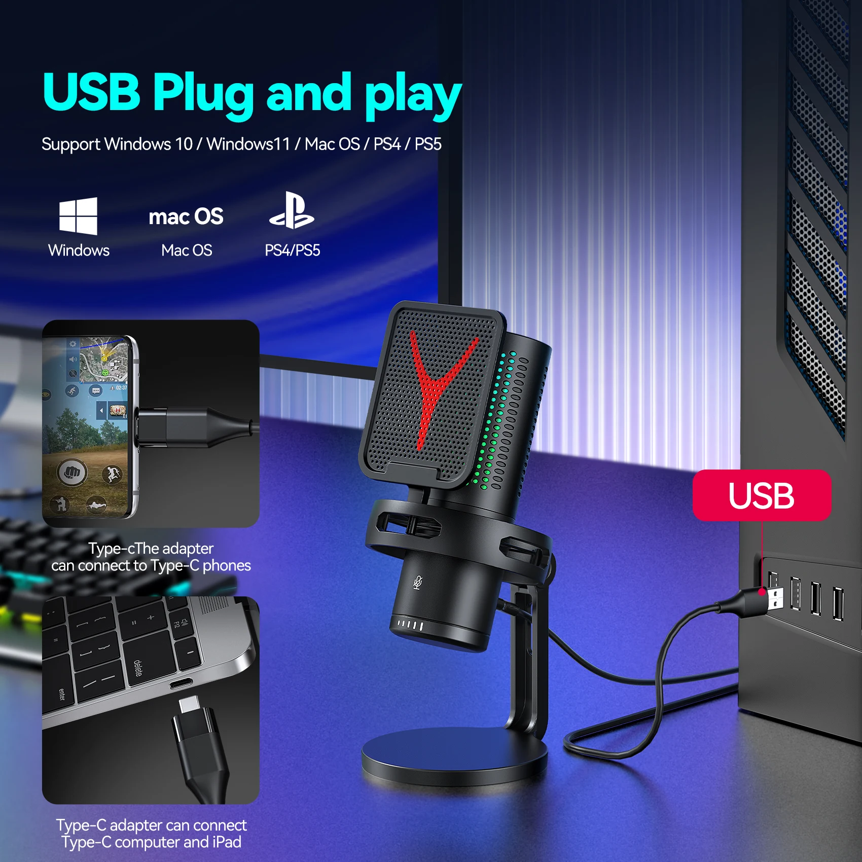 Professionelles Gaming-Mikrofon Mit Ständer, Rgb Usb-Kondensatormikrofon Für Pc, Laptop, Streaming, Podcast, Karaoke - Studioqualität C Sed60D953778441F0Bfc8E4Eaac9Ff116D
