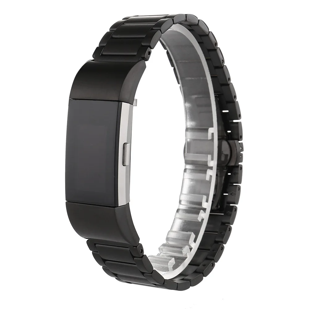 سوار معصم من الفولاذ المقاوم للصدأ 316L لإغلاق الفراشة لـ Fitbit Charge 2 - أسود