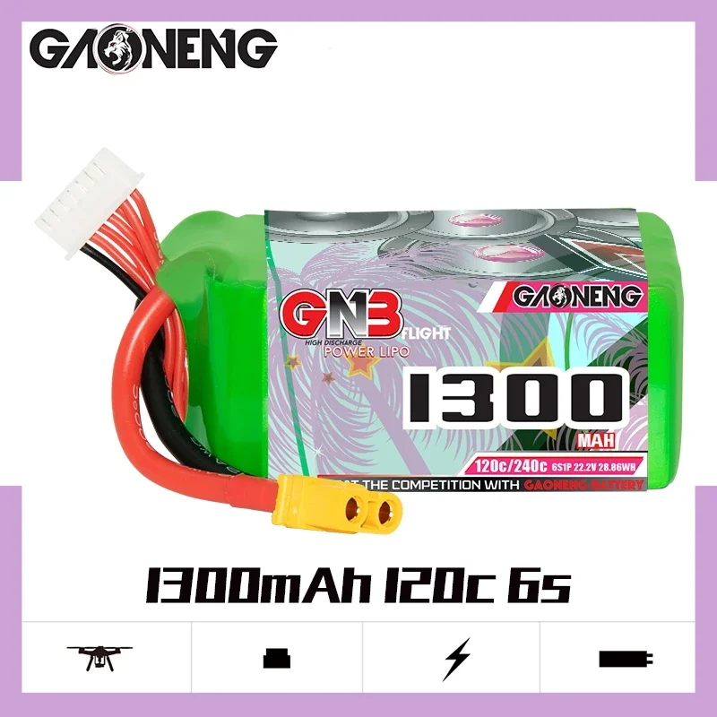 

GAONENG GNB 1300mAh 6S 120C 240C 22.2V XT60 LiPo Battery 5 to 6 inch Drone 180-330mm Brushless FPV Crocodile5 Baby