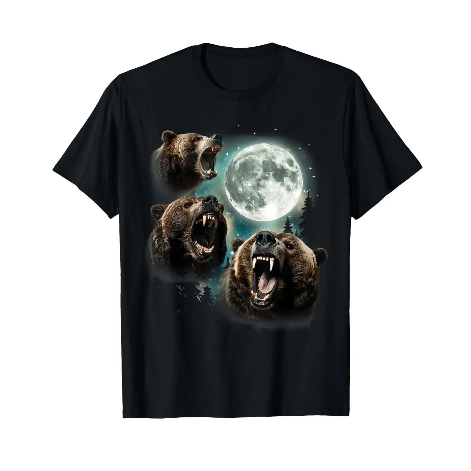 Three Grizzly Bears Howl at Moon Starry Mountain Forest Bear T Shirt vintage Washed fashion designer clothes Stretched Casual