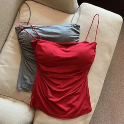 2024 Sexy Crop Top Women Basic Cotton T-shirts Female Sleeveless Vest Summer Padded Bra Camisole Women's Cropped Red Tops