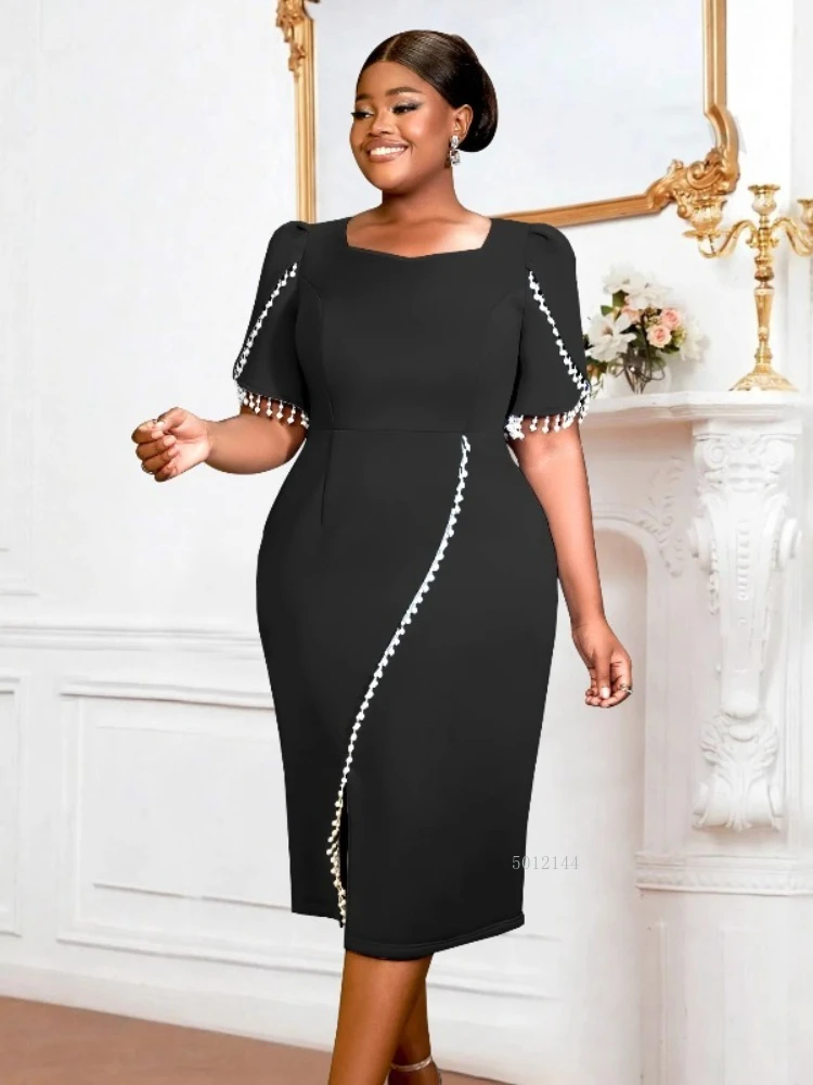 

L-4XL Plus Size African Dresses for Women Elegant 2026 Spring Summer African Short Sleeve Solid Color Bodycon Midi Dress Outfits