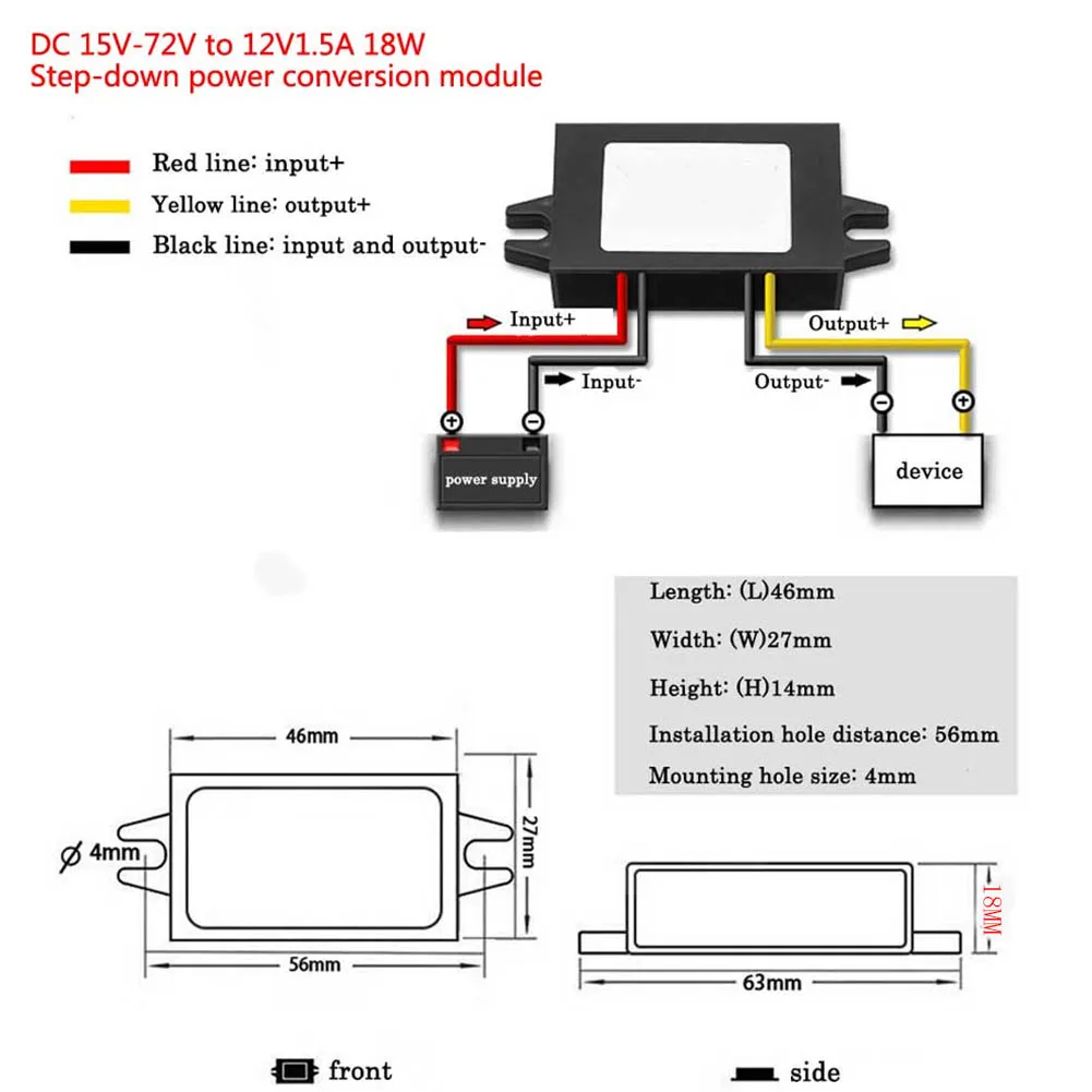 DC 15V-72V 24v 36v 48v 60v 72v  to 12V 1A 1.5A 12W 18W Step Down Voltage Regulator Buck Converter Transformer for Car Device