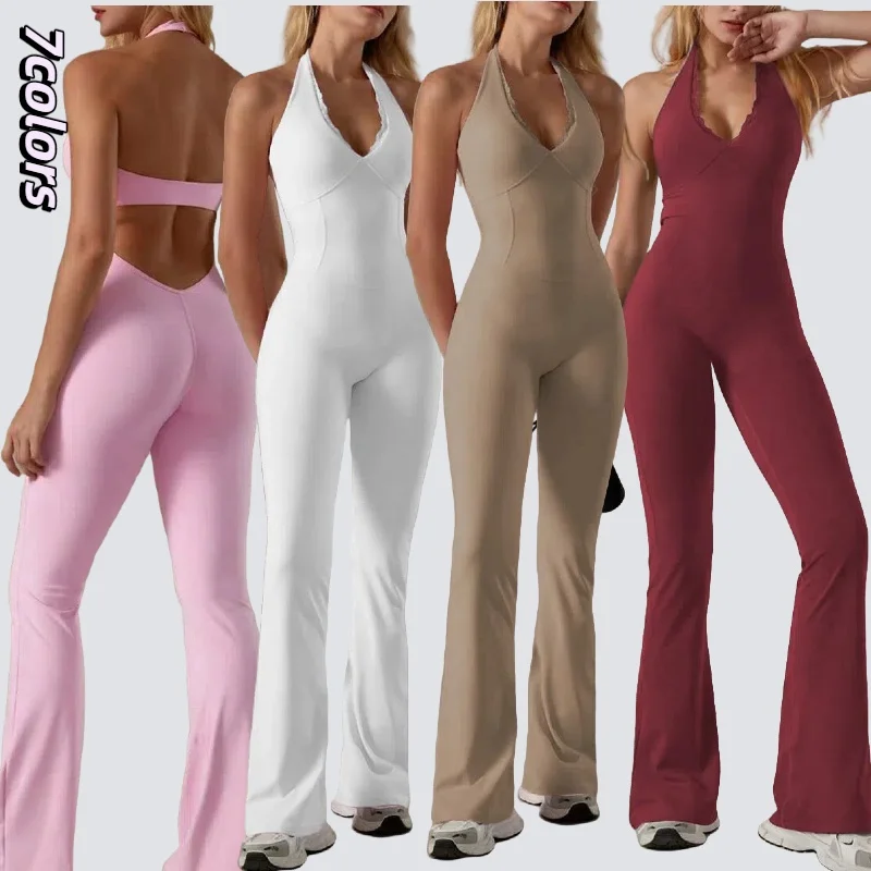 가슴 패드가 있는 여성용 레이스 넥라인 요가복, 홀터넥 점프수트, 필라테스 바디수트