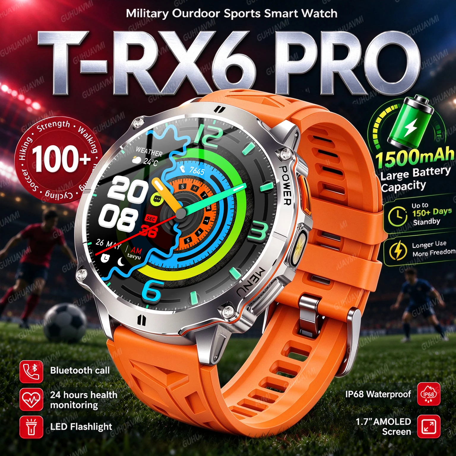 New T-RX6 1500mAh Battery Smart Watch Men Military Grade GPS Tracker Flashlight Heart Rate 1.7”AMOLED Compass 120+Sports Watches