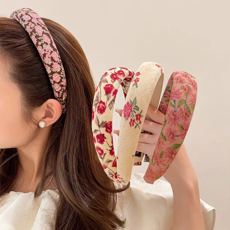 French Style Retro Floral Sponge Headband For Women Spring Sweet Elegant Pink Hairbands High Stretchy Headwrap Makeup Turban