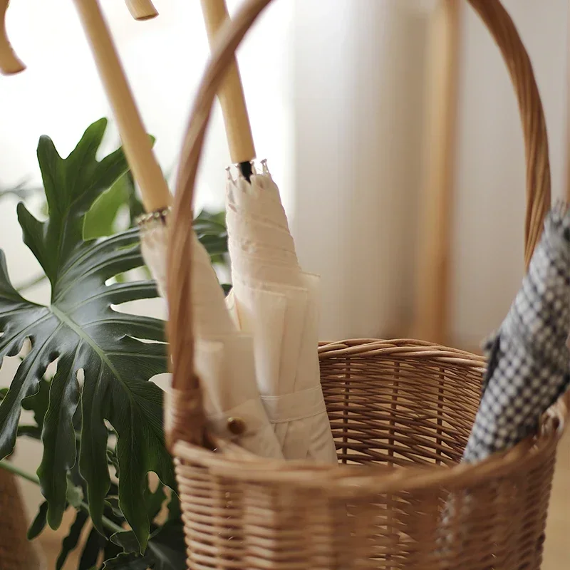 Cesta De Armazenamento De Guarda-chuva De Rattan Com Alça Cesta De Tecelagem De Vime Organizador De Diversos, Estilo Japonês, Decoração De Casa Criativa