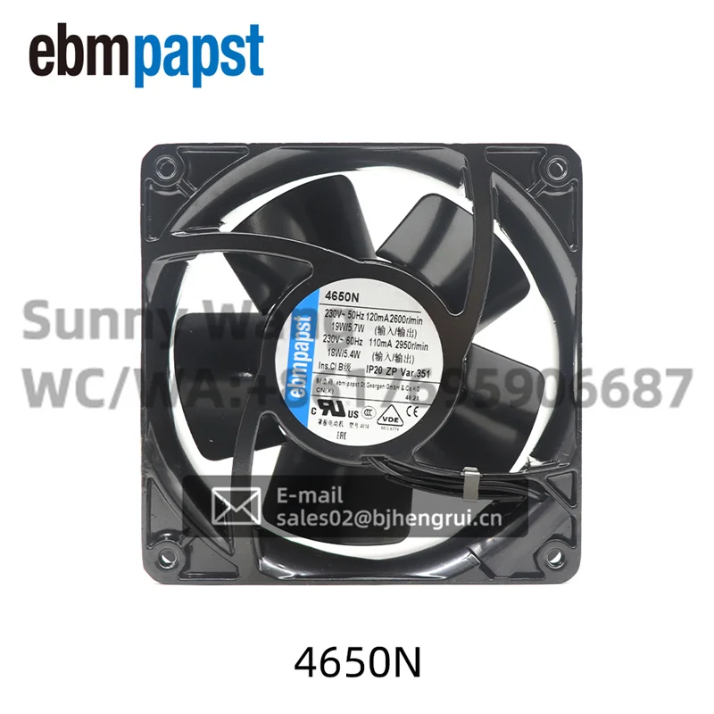 

ebmpapst 4650N 220 В переменного тока 120x120x38 мм 12038 19 Вт 2950 об/мин осевой охлаждающий вентилятор для корпуса шкафа