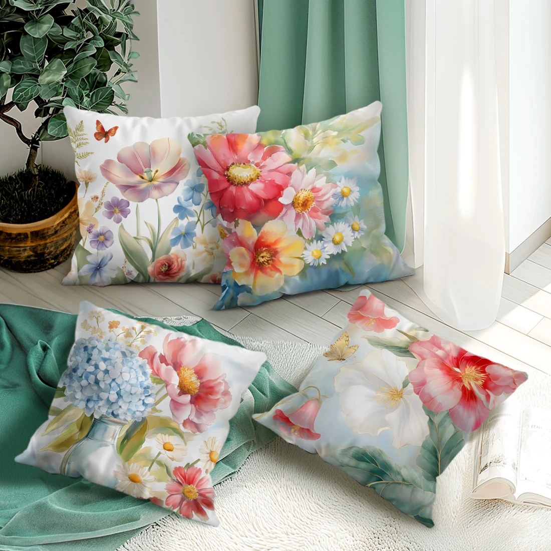 Short plush material pillowcaseHome Decor Colorful Floral and Butterfly Decorative Pillow Covers Pattern Cushion Cover Suitable