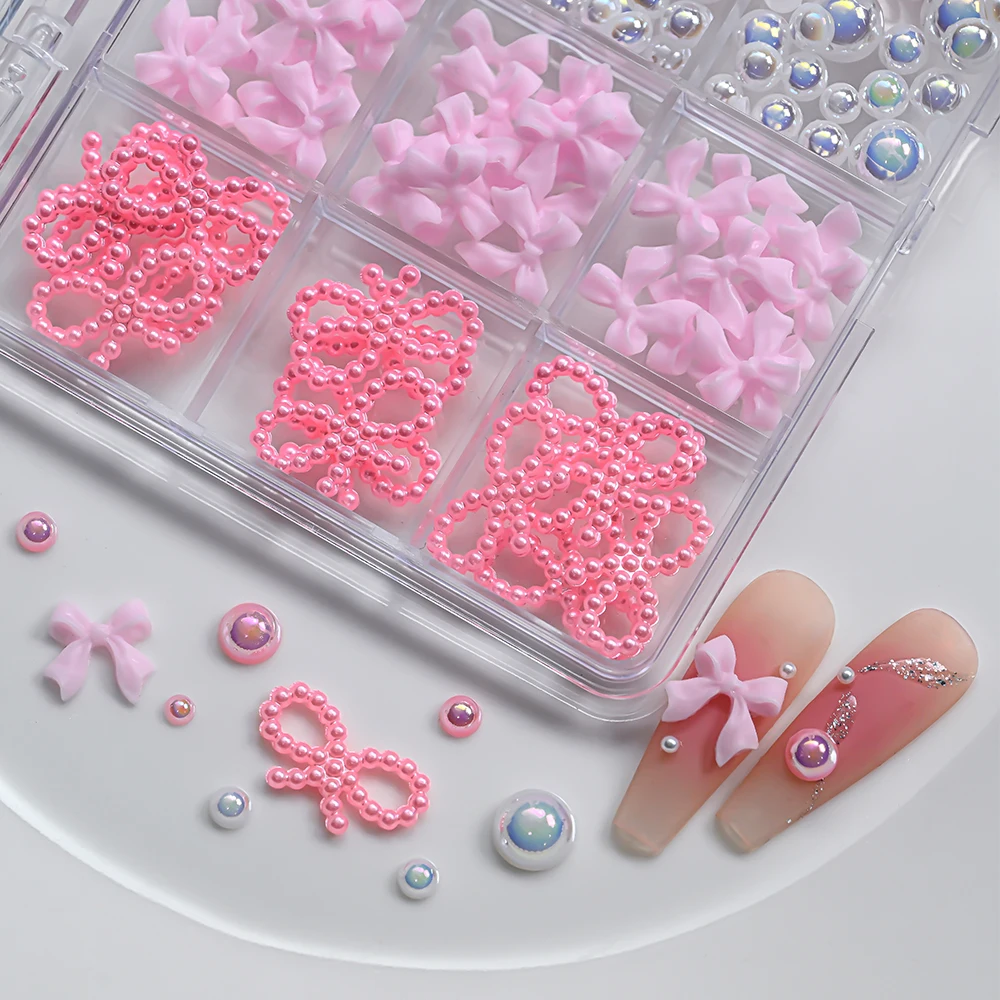 12Grids 3D Resin Pink Pearl & Bowknot Nail Charms Multi-size Flatback Round Aurora Pearls Bow Nail Art Decorations Nail Supplies