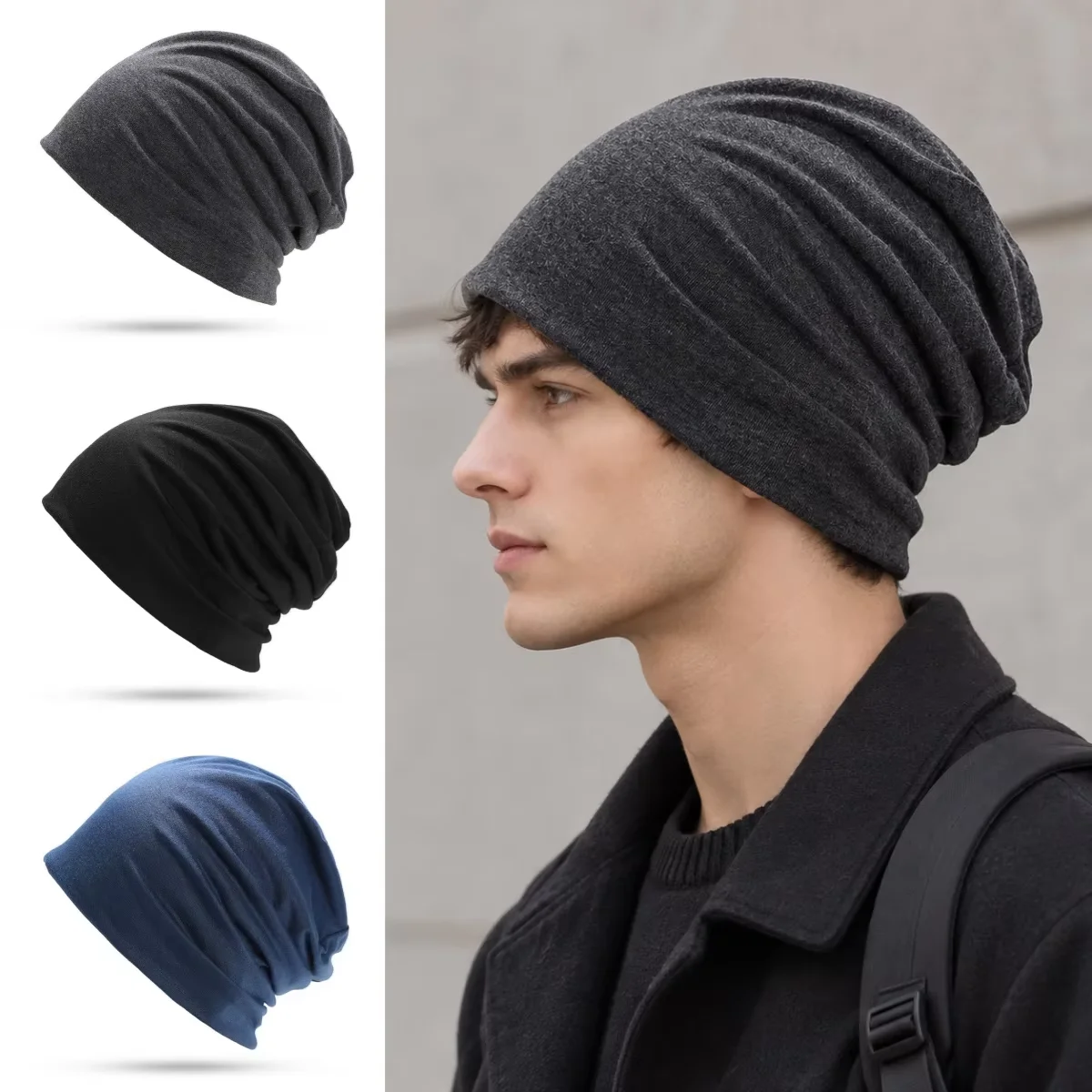 Autumn And Winter Warm Woolen Hat Solid Color Cold-proof Knitted Hat Thickened Ear-protecting Windproof Slouch Hat For Men