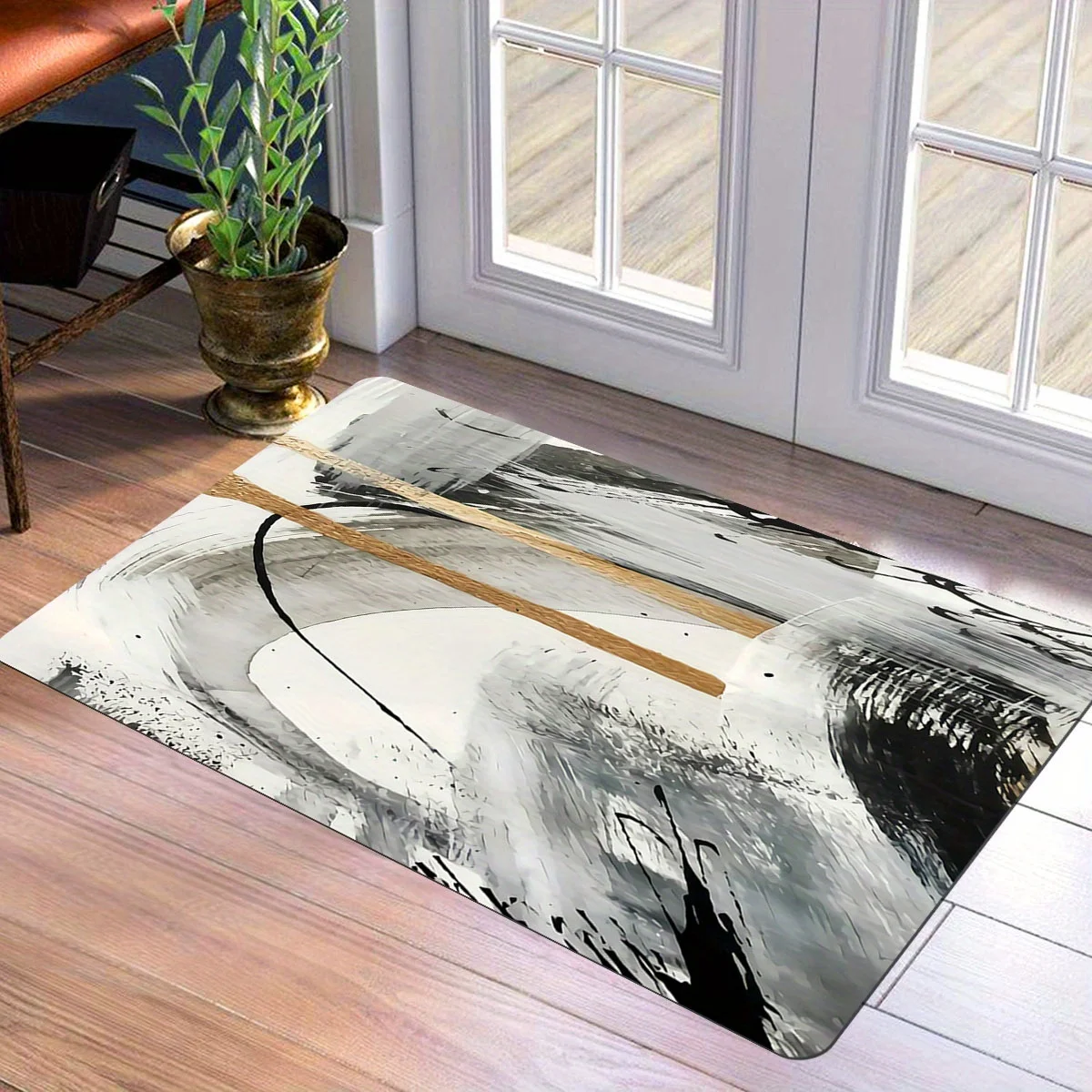 Abstract Black White Ink Doormat Modern Brush Stroke Design Non Slip Entry Rug For Entryway Living Room And Artistic Home Decor