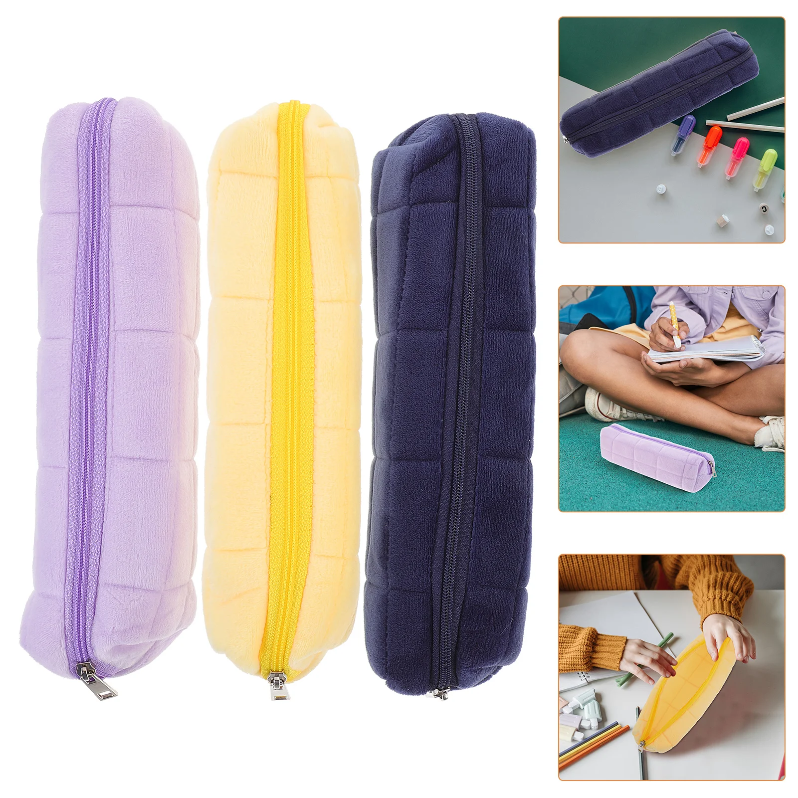 

3 Pcs Large Capacity Foldable Cotton-filled Pencil Case Pencils Zipper Pouch Organizers Storage Bag