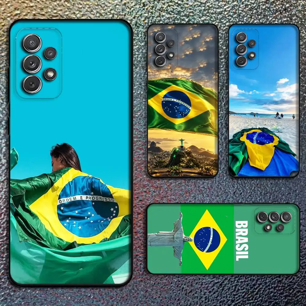 Brazilian flag Football Phone Case For Samsung S24,21,22,23,30,Ultra,20,Plus,Note,10,9,Black soft silicone case