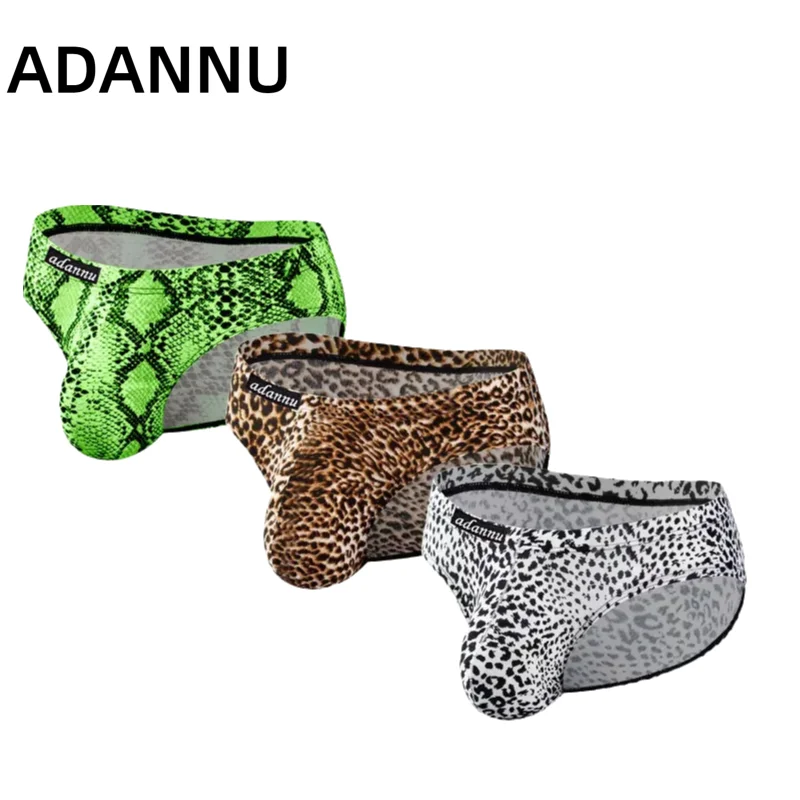 

ADANNU Men's Sexy Leopard Print Thong Briefs Nylon Low Rise Breathable Lightweight Summer Underwear