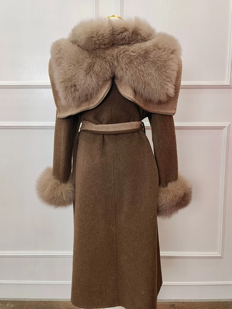 Veste en laine de cachemire d'hiver pour femmes, manteau à col en fourrure de renard naturel véritable, vêtements d'extérieur pour femmes, manteau de luxe, nouveau, 2024