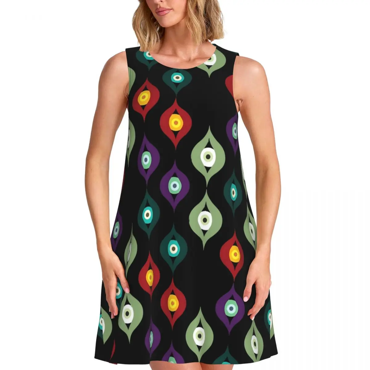 Vestido sin mangas con estampado de ojos malvados, ojos coloridos, vestidos sexys para mujer, vestido de verano sencillo con estampado, vestido sin mangas de talla grande.