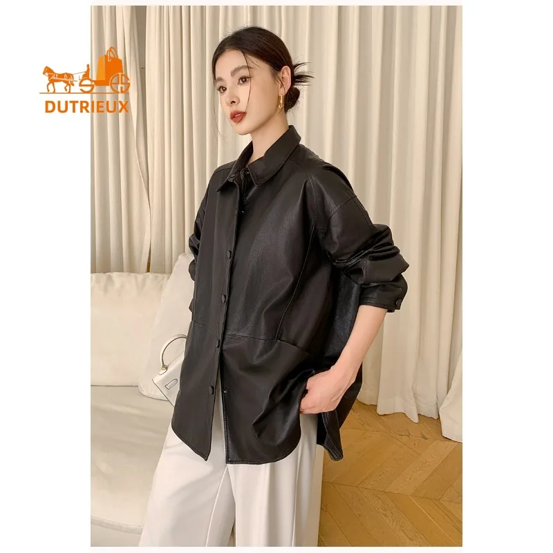 Veste en cuir véritable de Style chemise à revers à simple boutonnage, 100% peau de mouton véritable, manteau ample et décontracté pour femmes, automne et hiver