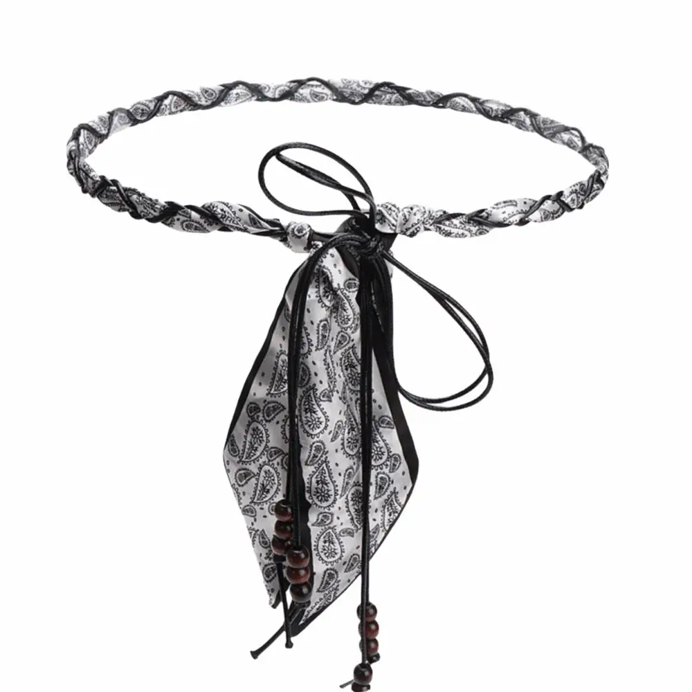 Bohemian Style Silk Scarf Woven Belt Wood Bead Tassel Braided Detail Beaded Waist Chain Vintage Design Skinny Necktie