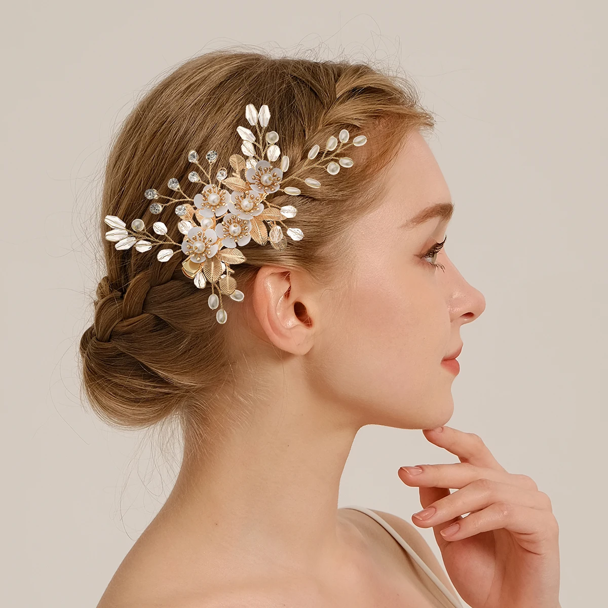 New Gold Luxury Flower Hair Clip Pearl Crystal Alloy Barrettes Bridal Wedding Girls Birthday Hair Accessories Jewelry Headdress