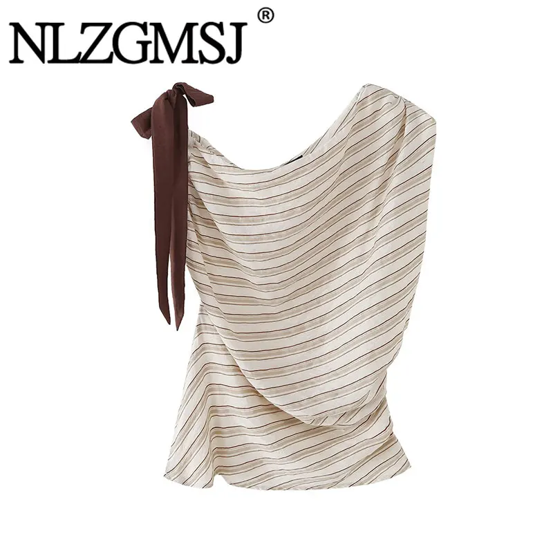 NLZGMSJ 2026 Nova Coleção Verão: Blusas Femininas Casuais Chiques com Laço e Listras, Sem Mangas, Assimétricas e de Corte Reto – Camisas da Moda