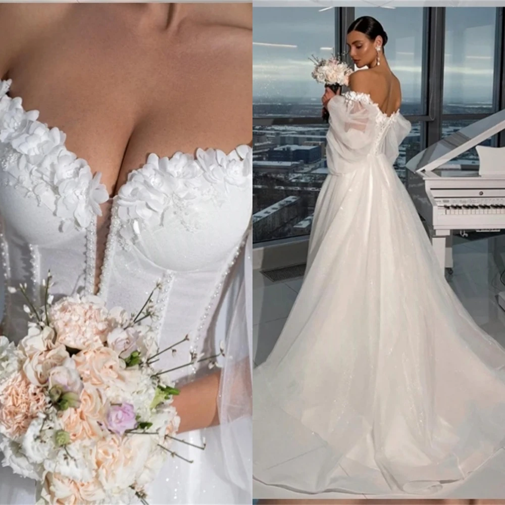 

Customized Delicate White Organza Wedding Dress Elegant Graceful Strapless Cap Sleeve Long Sleeves Classic Vestido De Novia