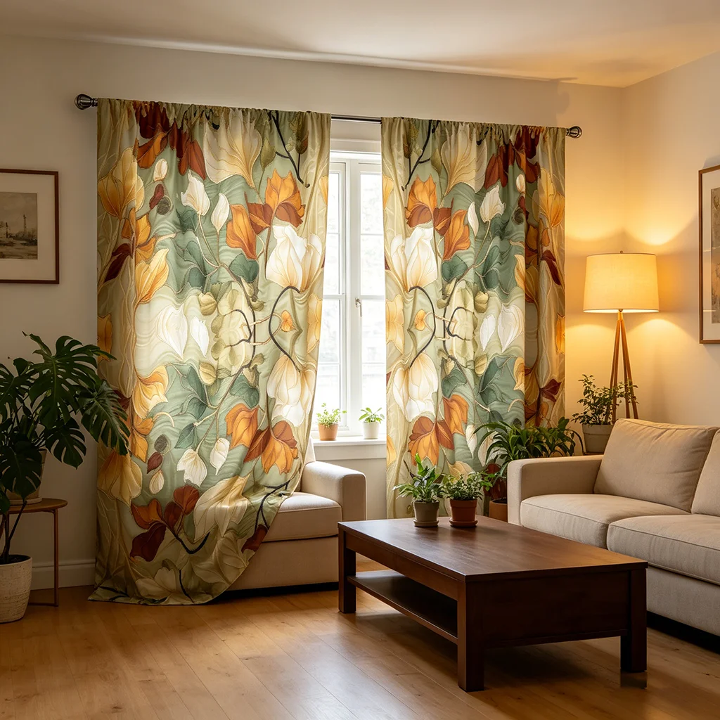 2 pieces of khaki Bohemian floral print curtains with pole bag design, suitable for bedrooms and living rooms